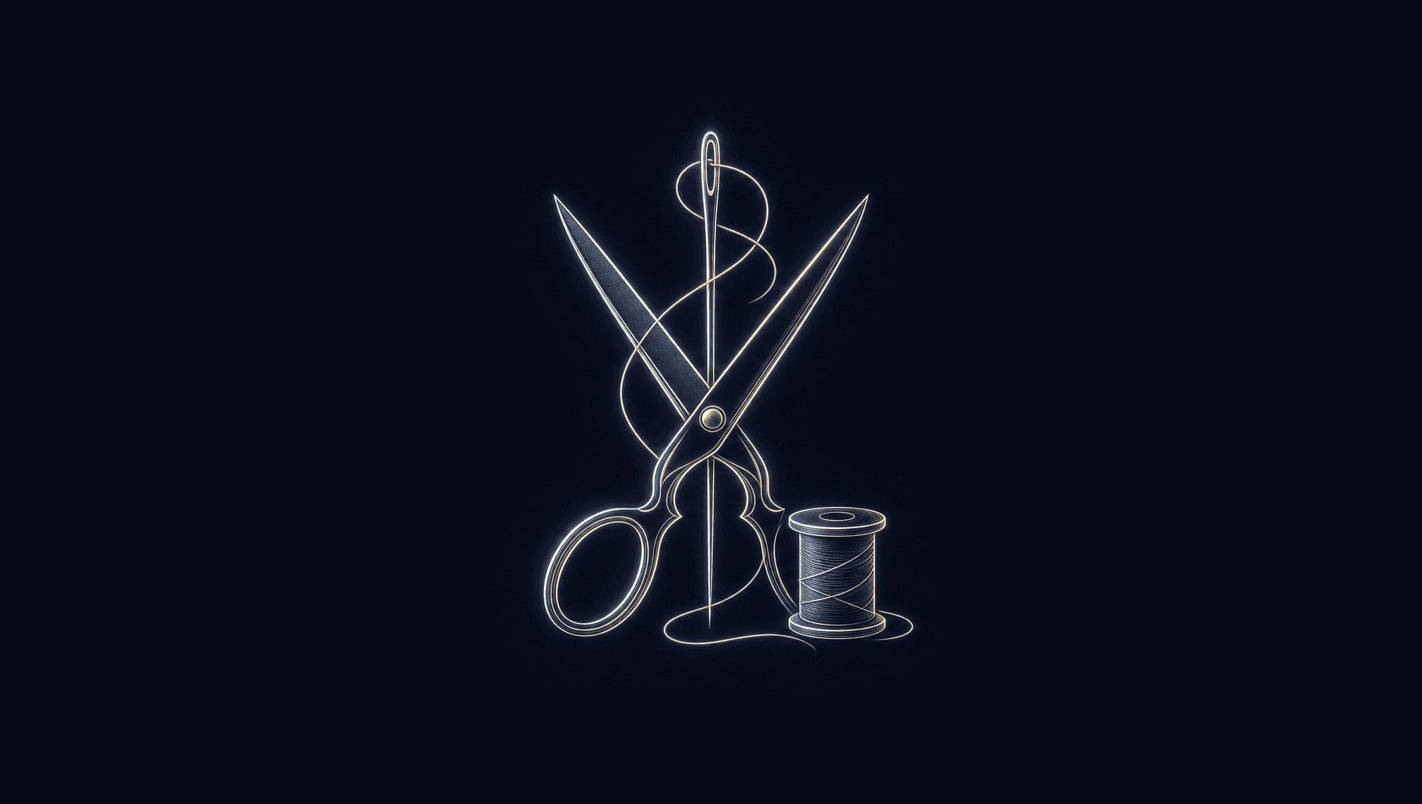 Feines Linien-Emblem aus Schneiderschere, eingefädelter Nadel und Garnrolle als Sinnbild für projektbasierte Freelancer im Atelier